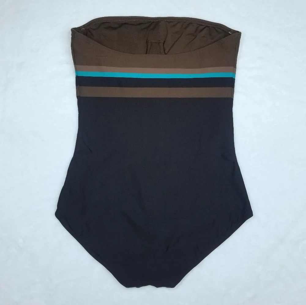 DKNY Brown Black Strapless One-Piece Swimsuit with Teal Accent - Picture 2 of 7